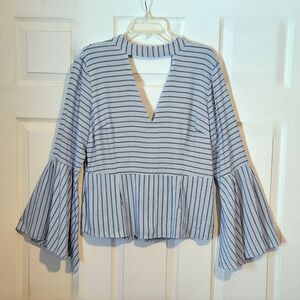 'Venus' bell sleeves & ruffle bottom shirt with blue & white stripes, Sz. 16/XL